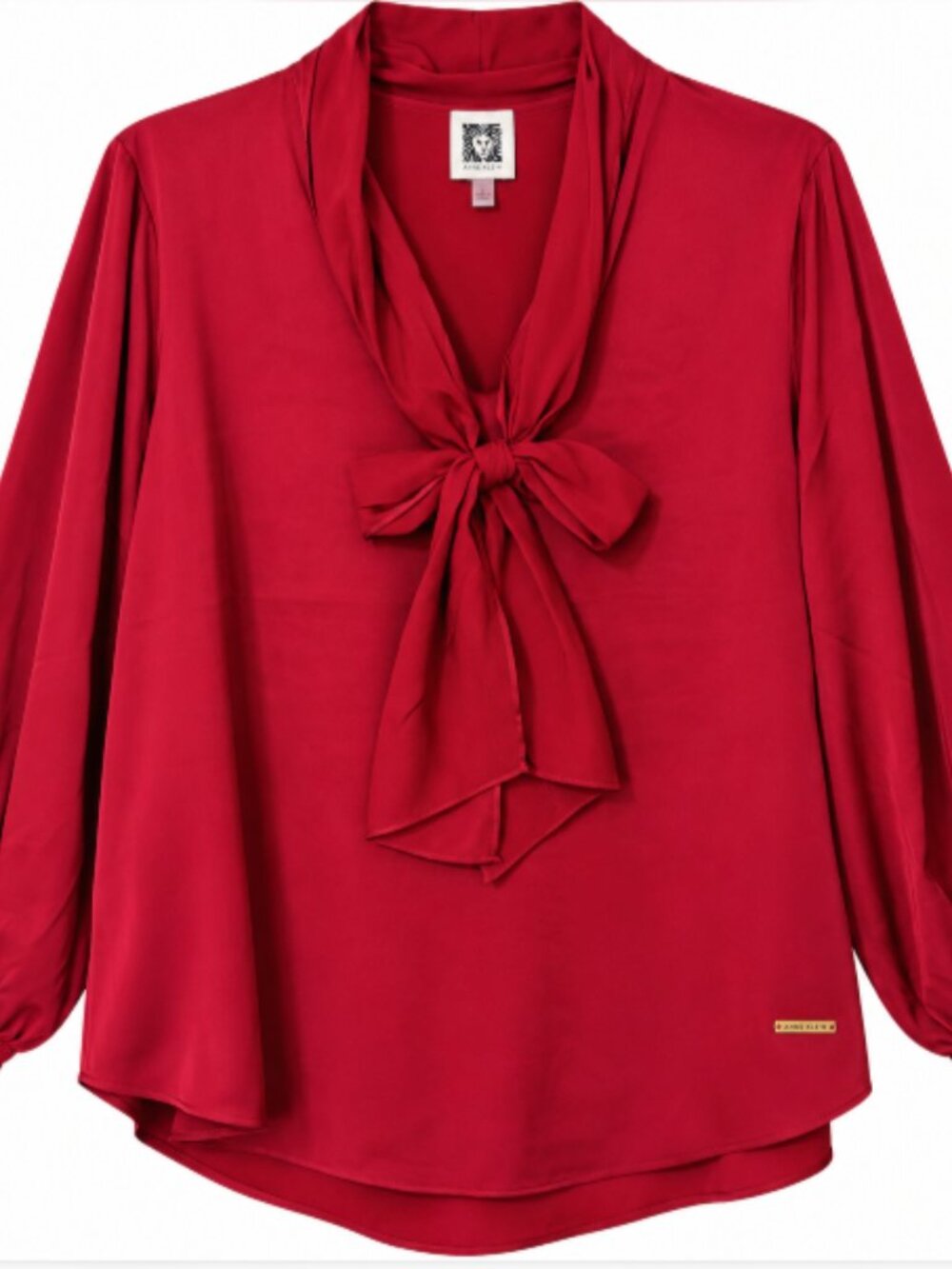Anne Klein Titian Red Satin Tie Neck Blouse L NWT Smocked Cuffs